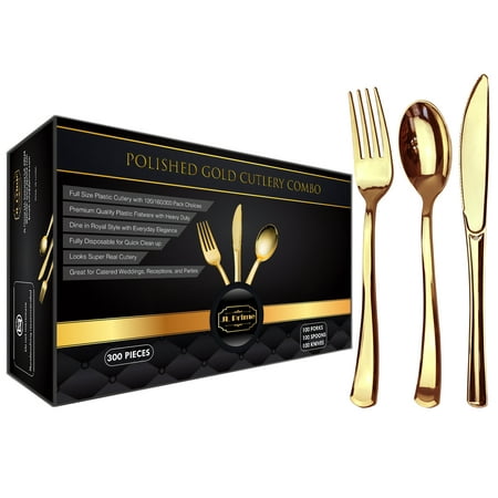 Antique Gold Silverware Set JL Prime 300 Gold Plastic Silverware Set, Gold Plastic Cutlery Set, Heavy Duty Utensils for Party & Wedding, Disposable Gold Flatware, 100 Plastic Forks, 100 Plastic Spoons, 100 Plastic Knives ()