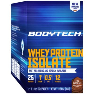 BodyTech Whey Protein Isolate Powder - With 25 Grams of Protein per Serving & BCAA's - Ideal for Post-Workout Muscle Building & Growth, Contains Milk & Soy - Rich Chocolate (12 Packets)