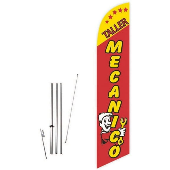 Cobb Promo Taller Mecanico Red Feather Flag with Complete 15ft Pole kit and Ground Spike