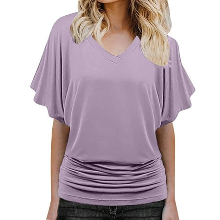 

Maternity Blouses Fashion Casual Women Solid Short Sleeve Batwing Sleeve Blouse V-Neck Loose Tops Oversized T Shirts for Women Purple 3XL