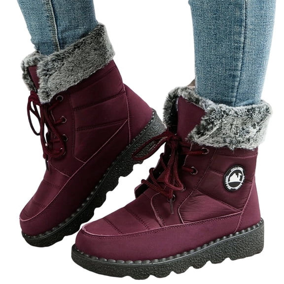 HEWUQI Women's Winter Snow Boots Platform Plush Cuff Mid Calf Boots Waterproof Lug Sole Lace up Hiking Shoes Red Size 8.5