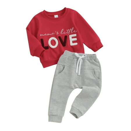 

MIPREWUY Toddler Boys Valentine s Day Sets Long Sleeve Letter Print Pullover and Solid Color Drawstring Pants Sets