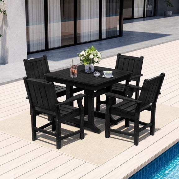 Black 5-Piece HDPE Plastic Patio Outdoor Dining Set with Arm Chairs