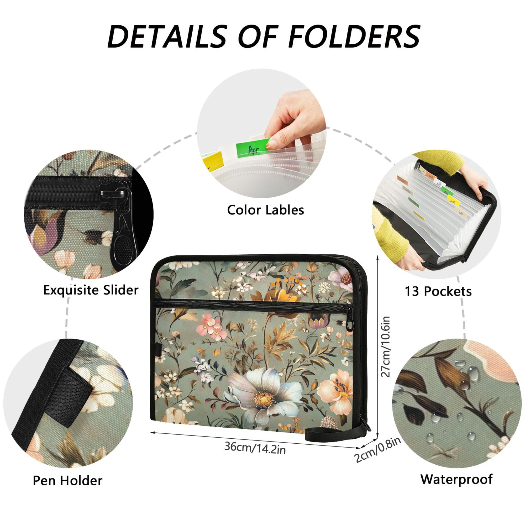 Accordion File Organizer with Zip Closure 13 Pockets Expanding File Folder Letter A4 Paper Document Organizer for Home Office Pastel Vintage Floral