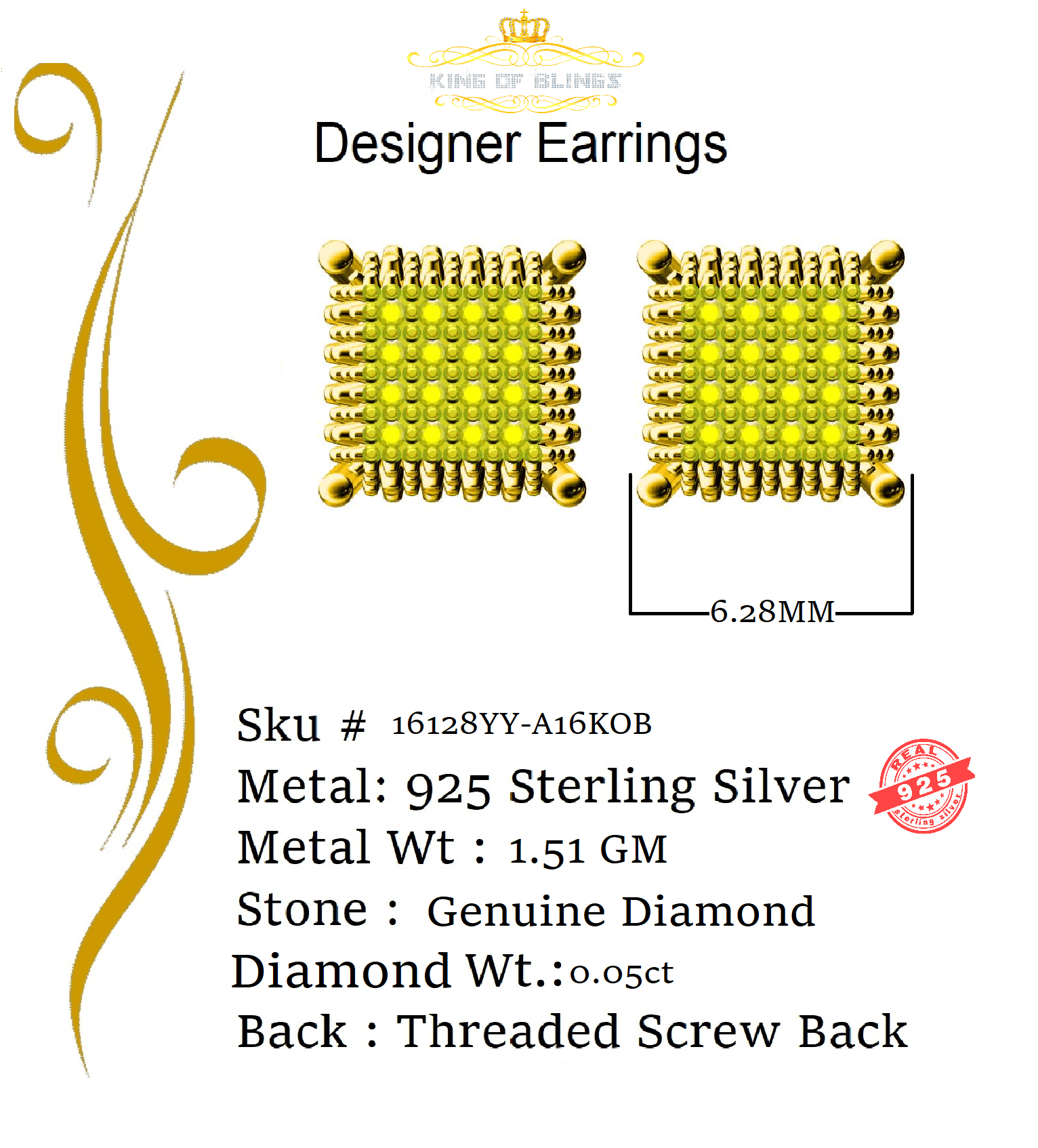King of Bling's 0.05ct Diamond 925 Sterling Silver Yellow Stud Women / Men Square Stud Earrings