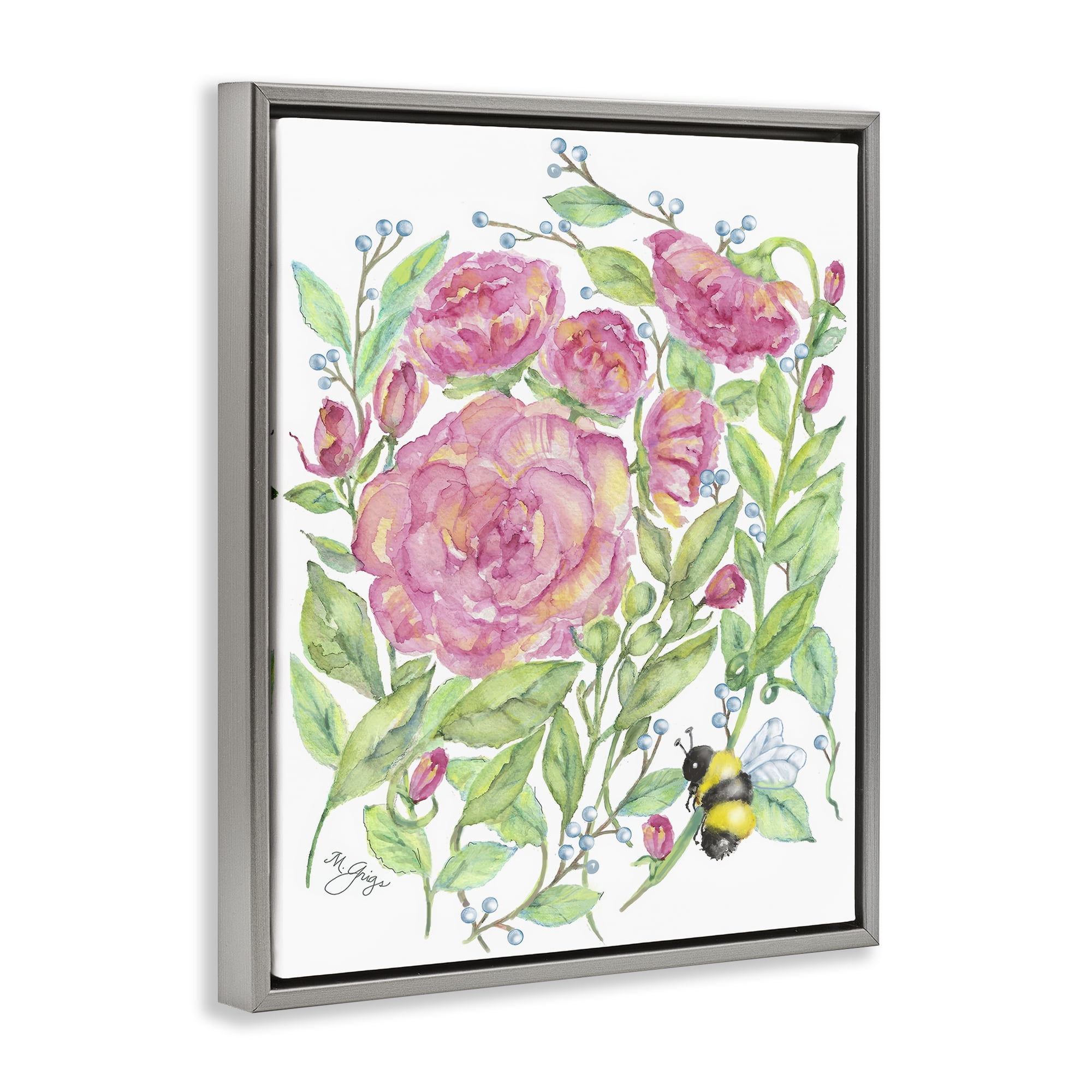 Stupell Industries Peony & Bumble Bee Gray Framed Floater Canvas Wall Art, design by Maureen Grigs