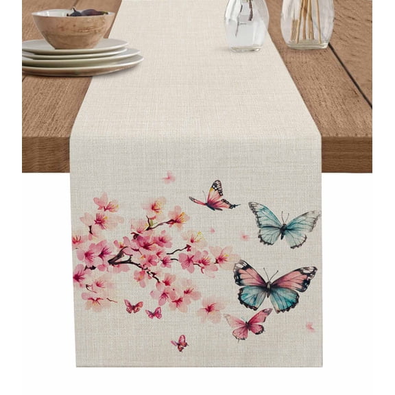 Blue Pink Butterfly Table Runner 90 Inches, Vintage Watercolor Spring Flowers Bed Runner Dresser Scarves Tabletop for Indoor Outdoor Parties/Ceremony/Banquet, 13" x 90"