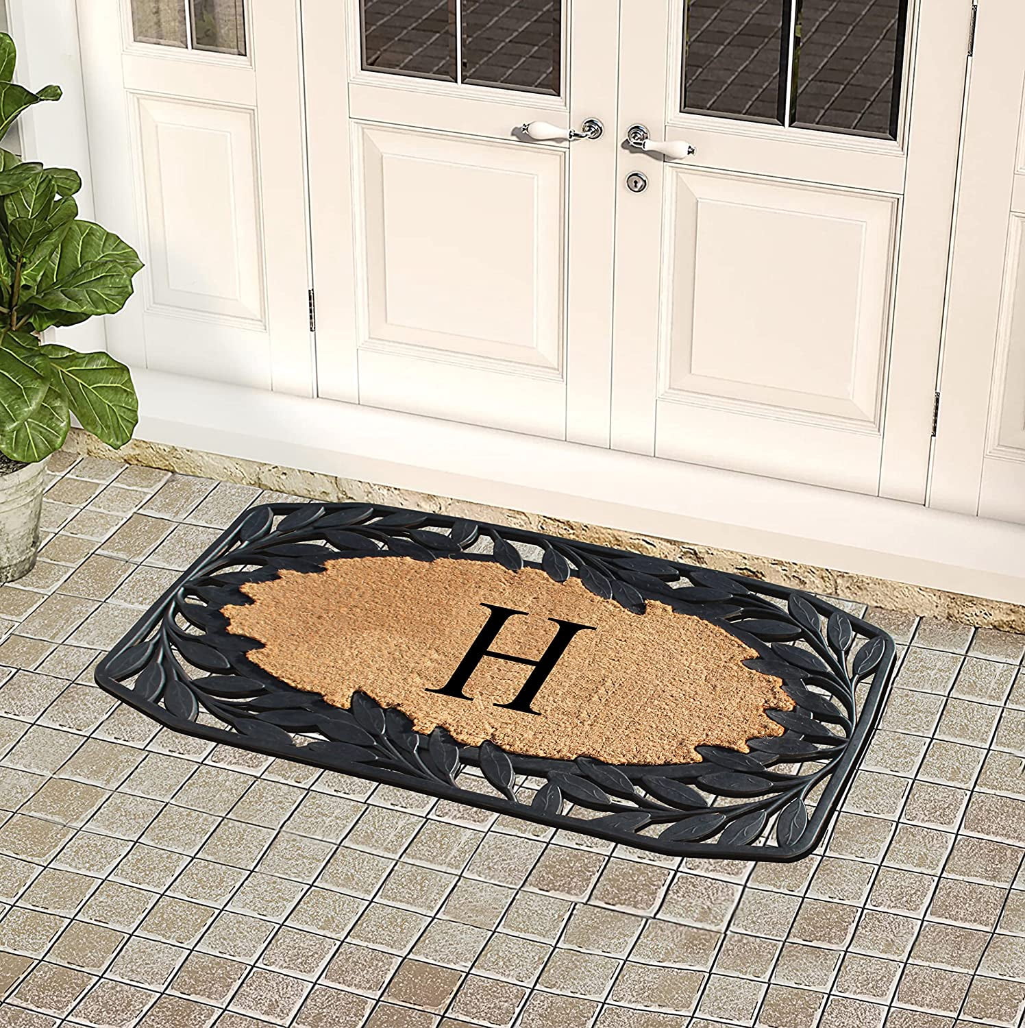 A1 Home Collections Floral Black, Beige, Multi-color Rubber and Coir Doormat for Outdoor Entrance Non Slip Backing Front Door Mat, 23" x 38"