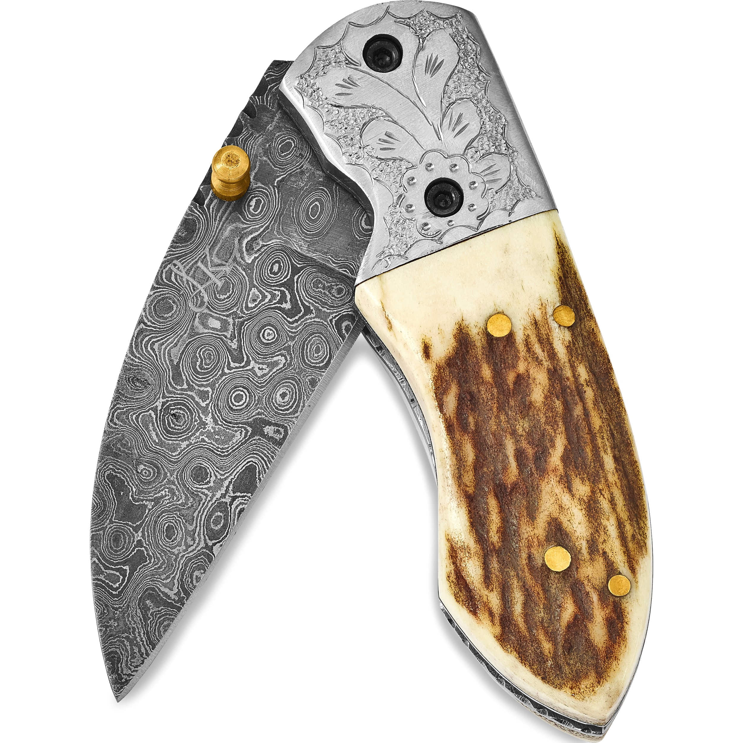 Fashion Damascus Steel 256 Layer Folding Blade Guard Staghorn Handle Knife (6.25 X 1) Made In Pakistan kn1610