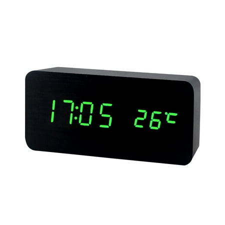 Howish wood clock LED Desk Wood Digital Alarm Clock Silent Clock Time Temperature Adjustable Brightness (Black Wood and Green Display)(5.91X2.76X1.77)