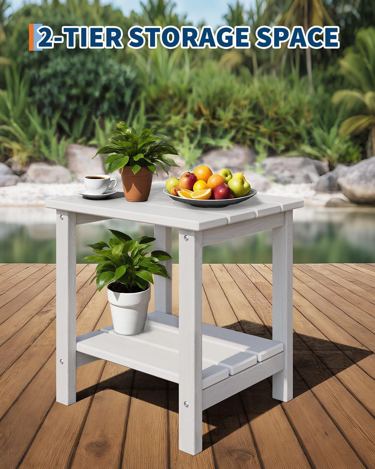 Senfot All-Weather HDPE Adirondack Side Table, 2-Tier Square Outdoor End Table White 2pcs