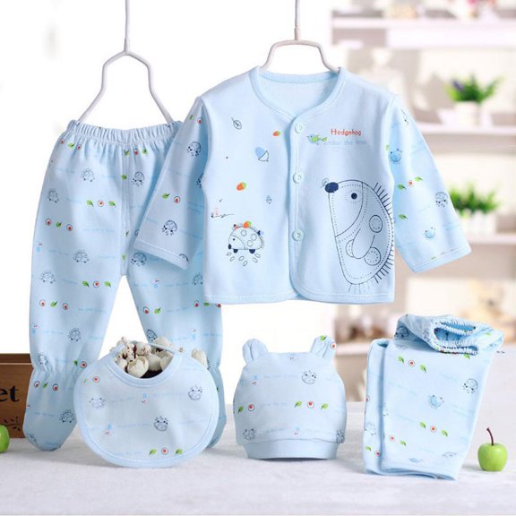 5PCS set of Baby Clothing 0-3 Month Boy/Girl Cotton Cartoon Animal Underwear Clothes Animal Print Shirt and Pants, Blue