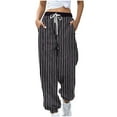 thumbnail image 2 of Women's Stripe Pants Elastic Waist Dreawstring Trousers Casual Jogger with Pockets Black L, 2 of 5