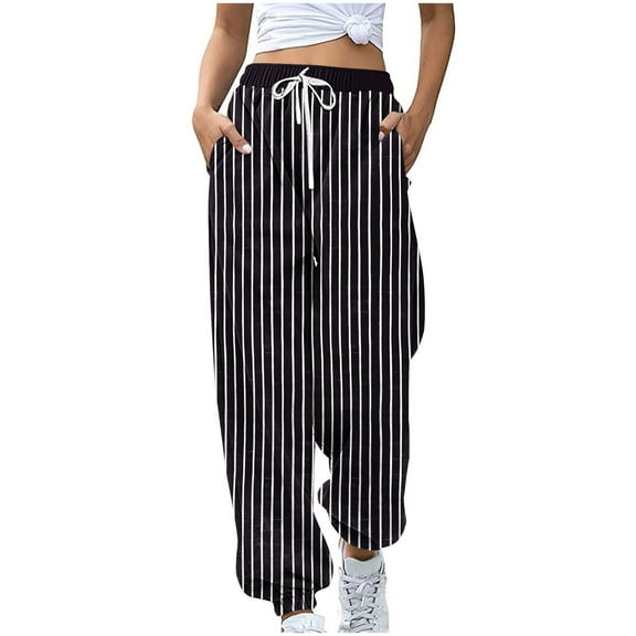 Moxiu Baggy Striped Sweatpants for Women Casual Drawstring Sweat Pants High Waist Workout Joggers Lounge Trousers with Pockets 2025 Black,XL
