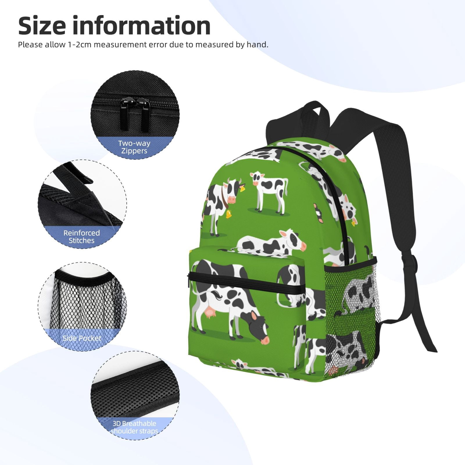 Vsdgher Cows With Calfs Green Print Unisex Large Capacity Bookbag Schoolbag Casual Daypack for High School/College/Teens/Travel/Work