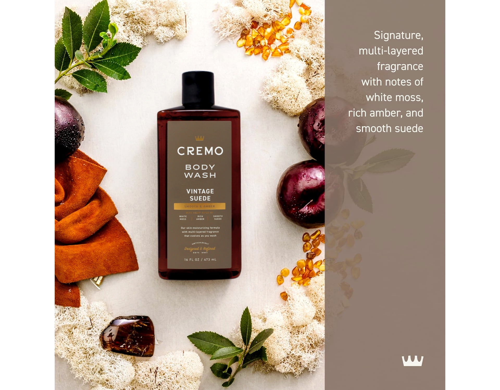 3 Pack - Cremo Vintage Suede Body Wash with Scent Notes of White Moss, Rich Amber, and Smooth Suede, 16 Fl Oz