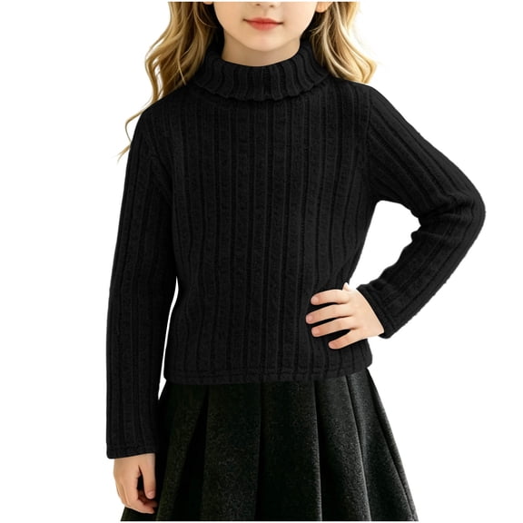 Girls Ribbed Knit Turtleneck Sweater Pullover Stretchy Cozy Long Sleeve Layering Tops Soft Fashion Fall Winter Thin Blouse Black 13-14 Years