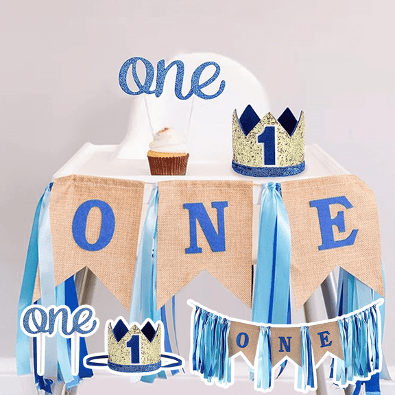 Premium First Birthday Banner and Crown Set, Blue and Gold ONE Burlap High Chair Decorations with Cake Topper for Photography and Party Supplies