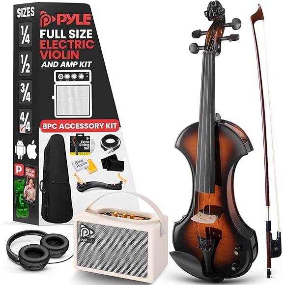 Pyle 4/4 Silent Electric Violin with Amplifier Kit, Solid Wood Fiddle with 10W Amp and Complete Accessories, Full Size Orchestral String Instrument For Beginner & Professional Use