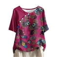 thumbnail image 3 of DDAPJ pyju Womens Short Sleeve Tunic Tops Hide Belly Shirt Dressy Casual Floral Blouses Ethnic Style Tunics Hot Pink L, 3 of 6