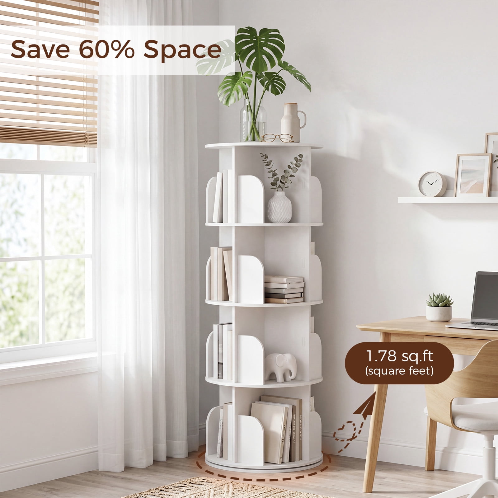 CONCETTA 4-Tier Rotating Bookshelf, 360° Spinning Bookcase with Safety Guard, Space-Saving PVC Storage for Bedroom, White