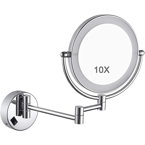 Wall Mounted Makeup Mirror X 10 Magnifying Led Lighted Vanity Mirror,360° Swivel Extendable Vanity Mirror,Double Sided Bathroom Mirror for Cosmetic Studio /Silver/10X (SIL