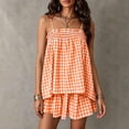 thumbnail image 4 of Hueook Gingham Pajamas for Women Set Fall 2 Piece Outfits Plaid Two-Piece Pajama Camisole Top Wide Leg Shorts Orange S, 4 of 9