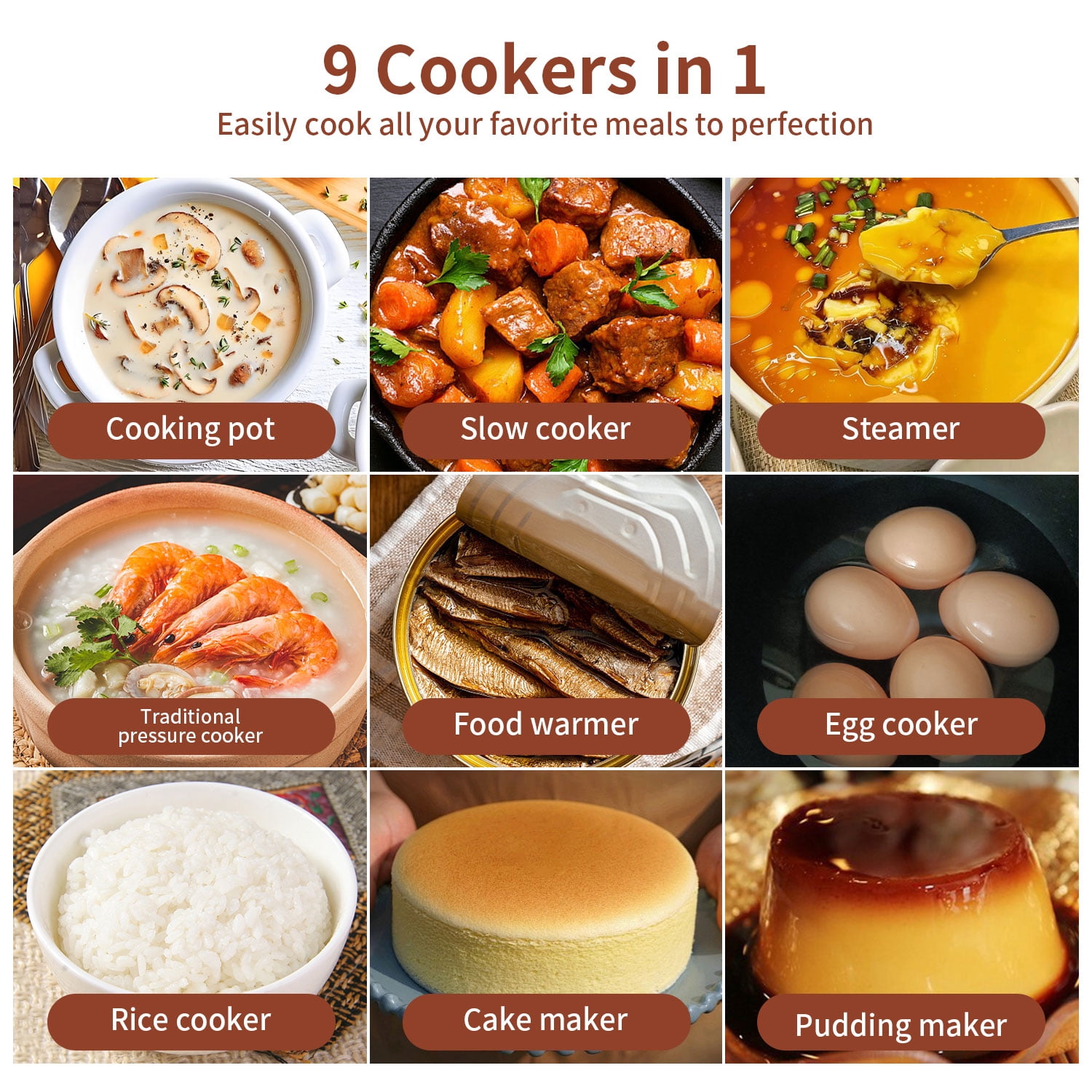 TINANA 6 Qt Electric Pressure Cooker 9-in-1, 14 Presets Instant Multi-Function Pot, Slow Cooker, Rice Cooker, Cake Maker, Non-Stick, Stainless Steel
