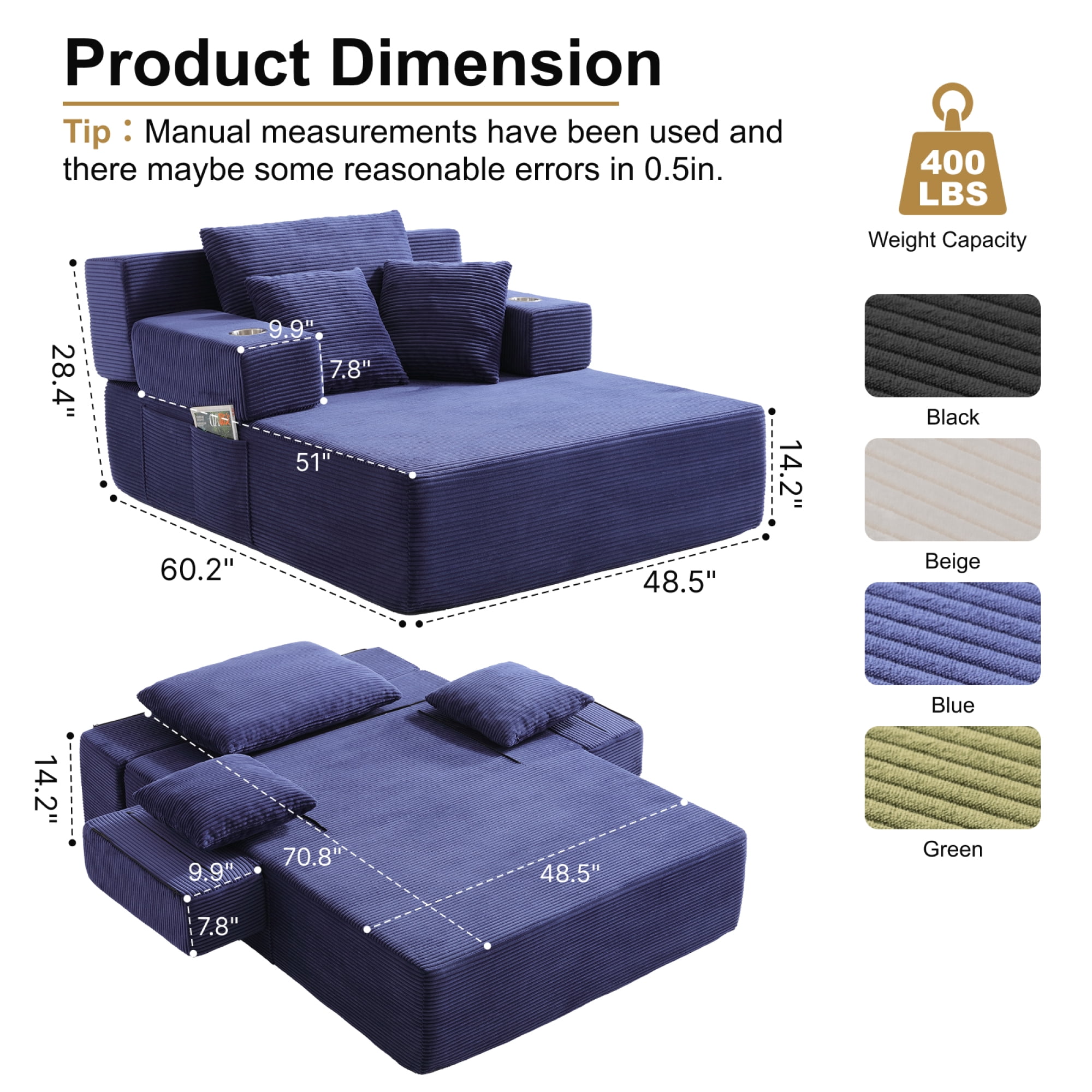 Leumius 70.8'' Oversized Chaise Lounge Chair Indoor,Plush Corduroy Upholstered Cloud Sofa Bed for Living Room,No Assembly Required,Blue