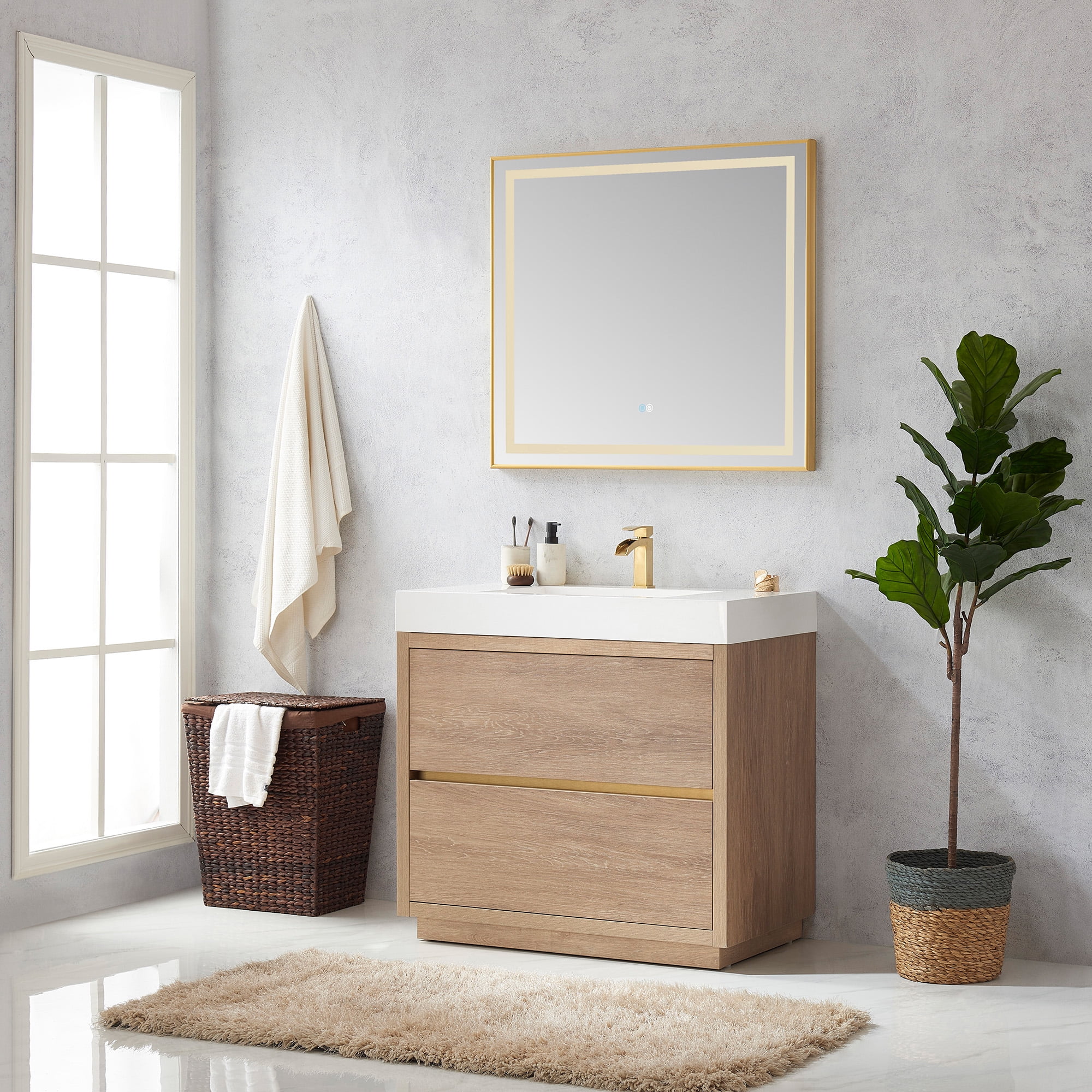 Huesca 36" Single Sink Bathroom Vanity Natural Oak Wood White Top With Mirror