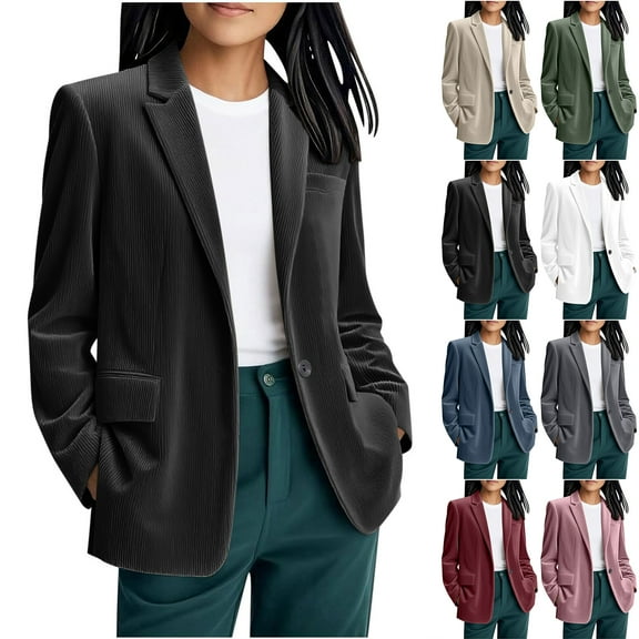 Otntypg Women's Corduroy Blazer Jacket Long Sleeve Slim Fit Jacket One Button Lapel Jacket Work Office Coat Outerwear with Pockets Navy M