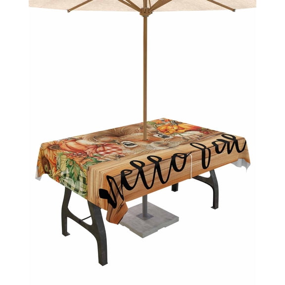Boanket Outdoor Tablecloth with Umbrella Hole for Patio/Picnic/Party/Camping, Hello Fall Squirrel Waterproof Table Cloth Rectangle Table Cover Washable, Orange Pumpkins Plaid Thanksgiving (60"x 84")