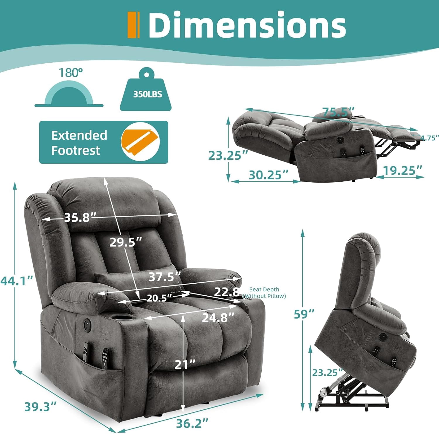 MEETWARM Oversized Dual Motor Lay Flat Power Lift Recliner Chair for Big Elderly with Heat Massage, Large Sleeping Electric Recliner with Extended Footrest, Lumbar Pillow, USB & Type-C Ports, Gray