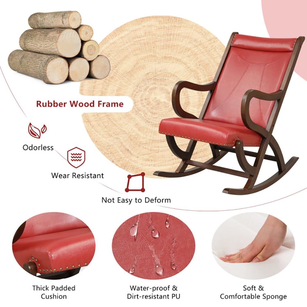 Finihen Rocking Chair, Recliner Chair, Modern Rocking Chair with PU Cushion and Rubber Wood Frame, for Living Room, Bedroom, Red Finihen Rocking Chair, Recliner Chair, Modern Rocking Chair with PU Cushion and Rubber Wood Frame, for Living Room, Bedroom, Red