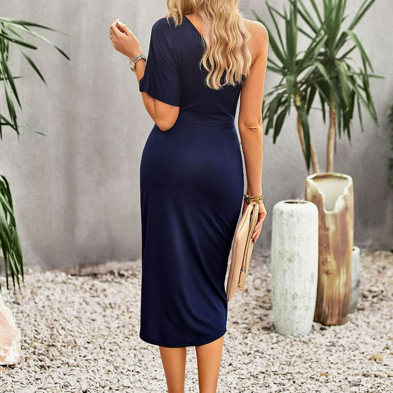 Finelylove One Shoulder Maxi Dress For Women Woman Clothes Under 5 Summer  Clearance Shirt Dress Short Short Sleeve Solid Navy S