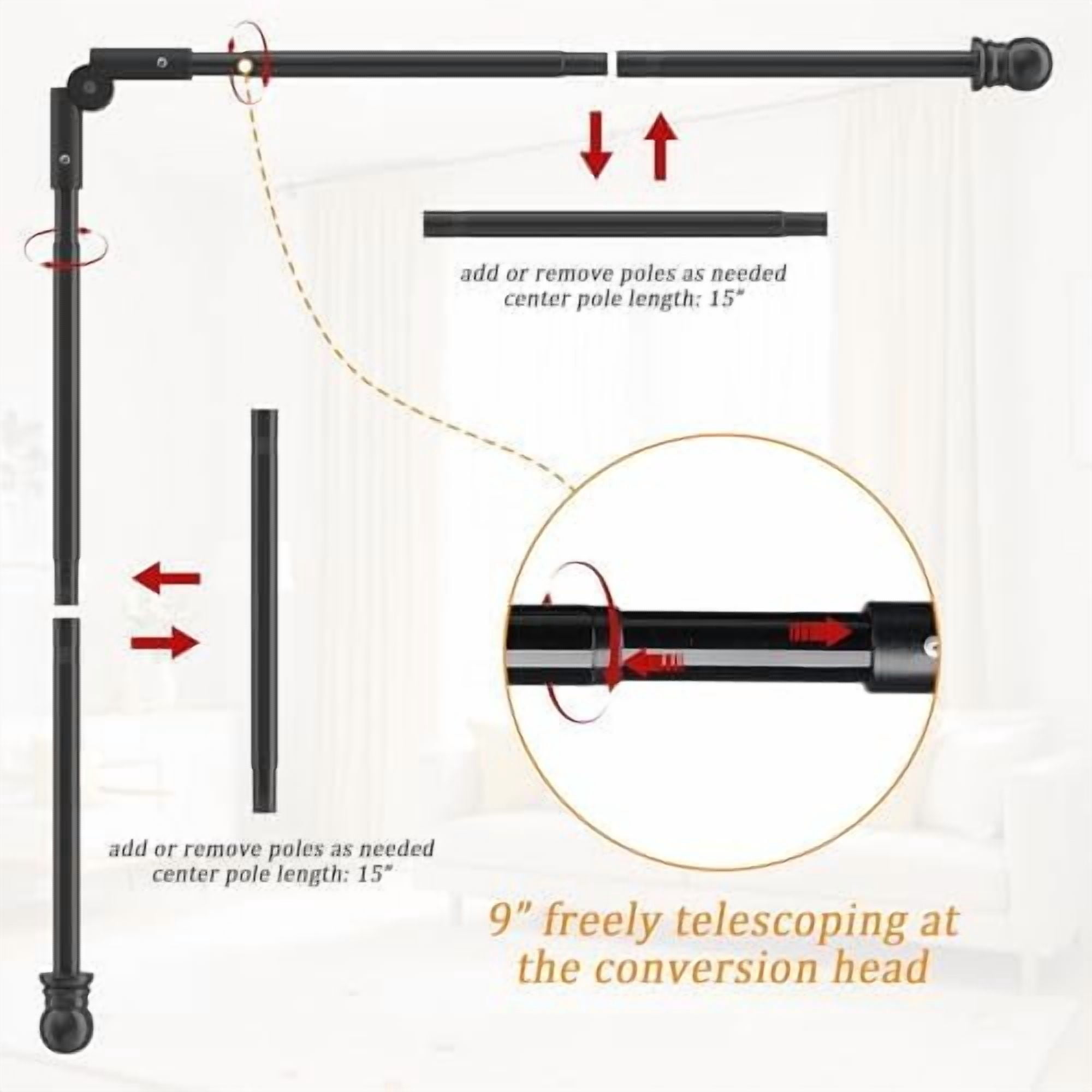 Corner Window Curtain Rods, L Shape Heavy Duty Curved Curtain Rods for Curtain Windows with Brackets, 30-136" Adjustable Curtain Rods for Bedroom, Living Room, Dinging Room, Black