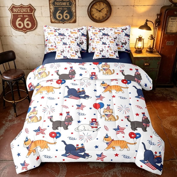 Manfei Cartoon Patriotic Cat Twin Bedding, US Flag Fireworks Stars Bedding Comforter Set, Red Blue White, Navy Reversible 7-Piece