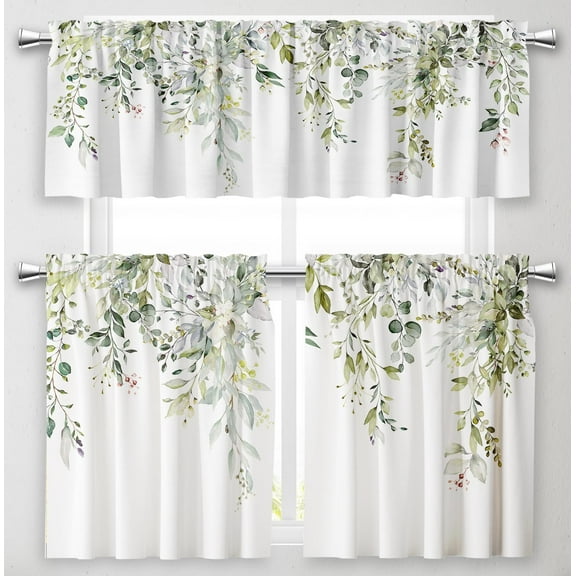 Sage Green Kitchen Curtains and Valances Set of 3 Spring Summer Leaf Kitchen Curtains Set Kitchen Valances for Windows Treatment Tiers for Bathroom