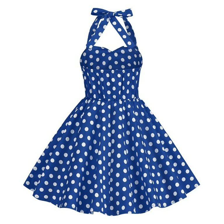 Ahdbta 1950s Vintage Dresses for Girls Cute Polka Dots Sleeveless Halter Dress Bowknot Strappy V-Neck A-Line Swing Prom Dress