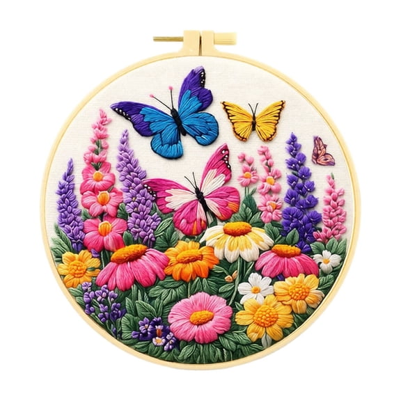 Beginner Embroidery Kit for Adults, Butterfly Garden Diy Craft Set for Home Decor, 8 Inch Full Embroidery Supplies Set