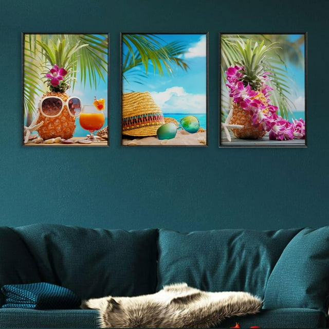 Póster impreso de 3 piezas de arte de pared, obra de arte de paisaje marino de piña, impresiones de imágenes para dormitorio, sofá, fondo, oficina, sa