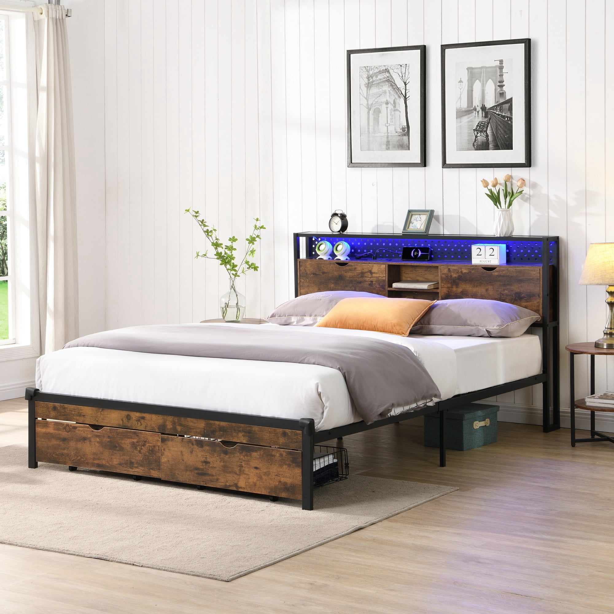 Gewnee King Size Metal Platform Bed with Wooden Headboard & Footboard - LED Light, Storage Drawers, Charging Station, No Box Spring, for Bedroom/Dorm