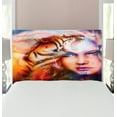 thumbnail image 1 of Mystic Headboard, Mighty Tiger and Lion Head with Woman Face on Ornamental Background Art, Upholstered Decorative Metal Bed Headboard with Memory Foam, Twin Size, Yellow Brown Blue, by Ambesonne, 1 of 4