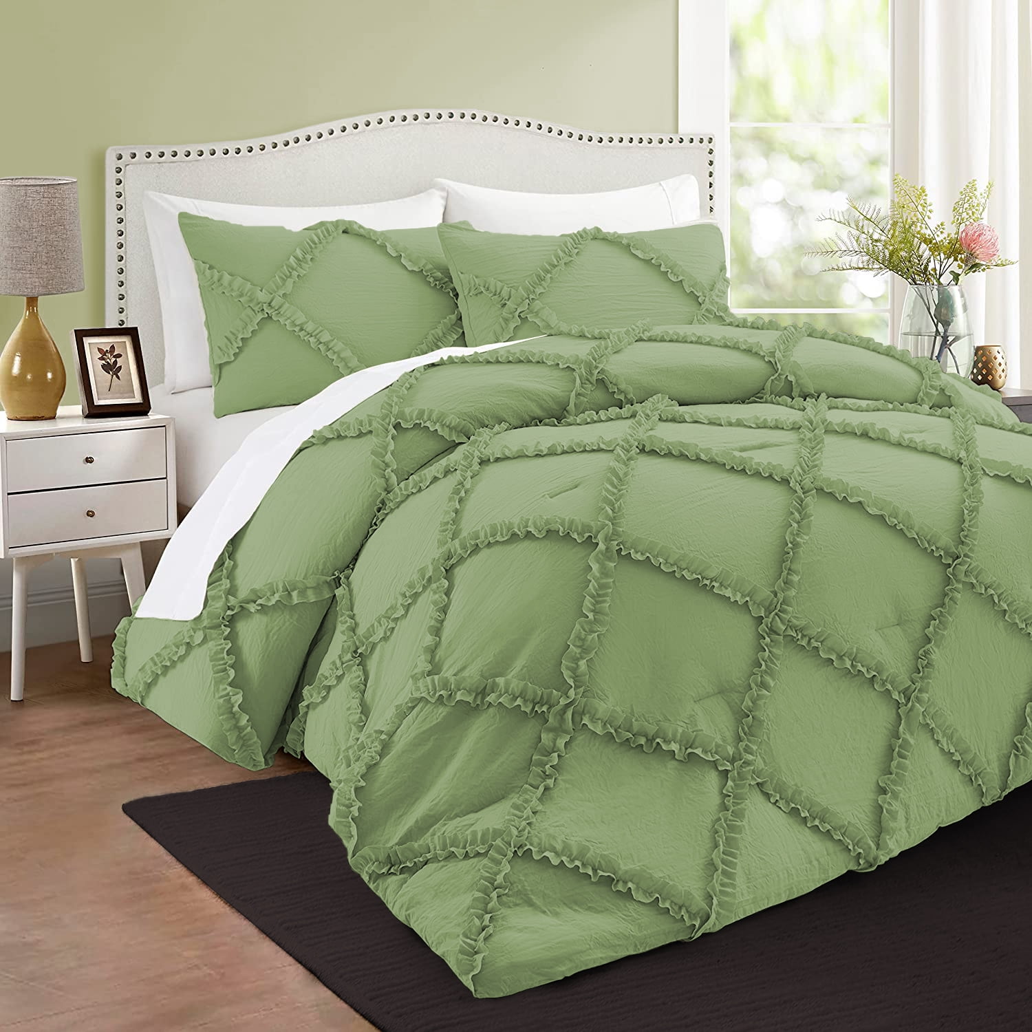 BedDecor 3 PC Luxury Diamond Ruffle "Sage, King/Cal King" 800 TC 100