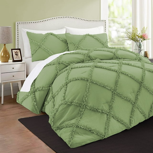 BedDecor 3 PC Luxury Diamond Ruffle "Sage, King/Cal King" 800 TC 100