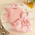 thumbnail image 2 of REDARER Girls Long Sleeve Ribbed Bodysuit with Floral Print Suspenders Jumpsuit and Bow Headband Outfit for Toddler,6-9 Months, 2 of 8