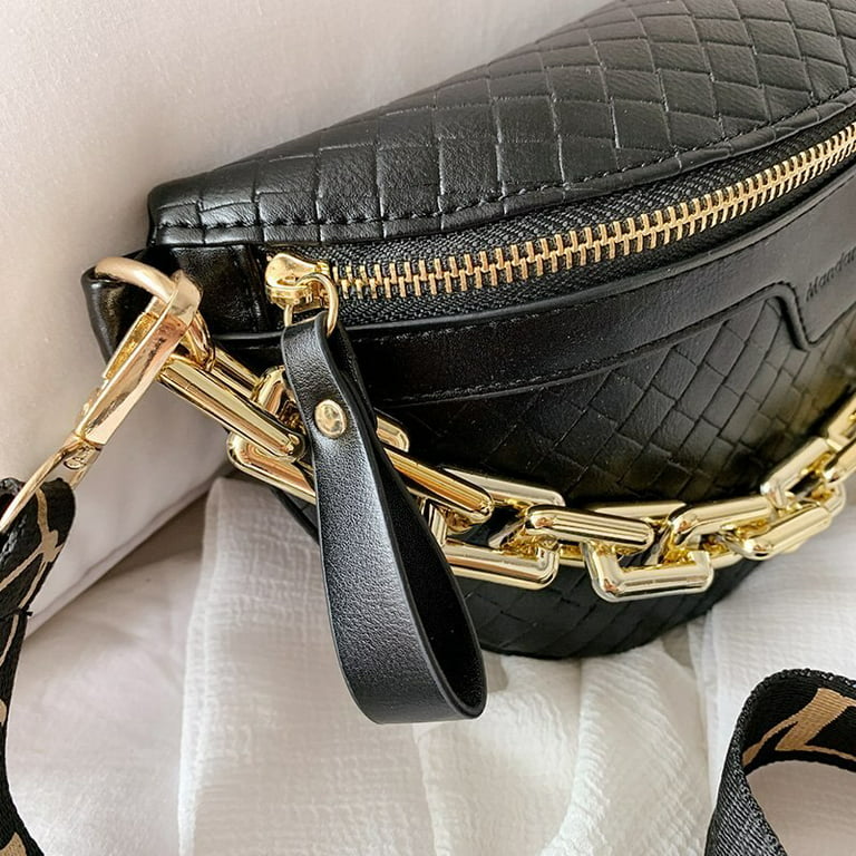 Pikadingnis Thick Chain Women's Fanny Pack Plaid Leather Waist Bag Shoulder Crossbody Chest Bags Luxury Designer Handbags Female Belt Bag, Adult