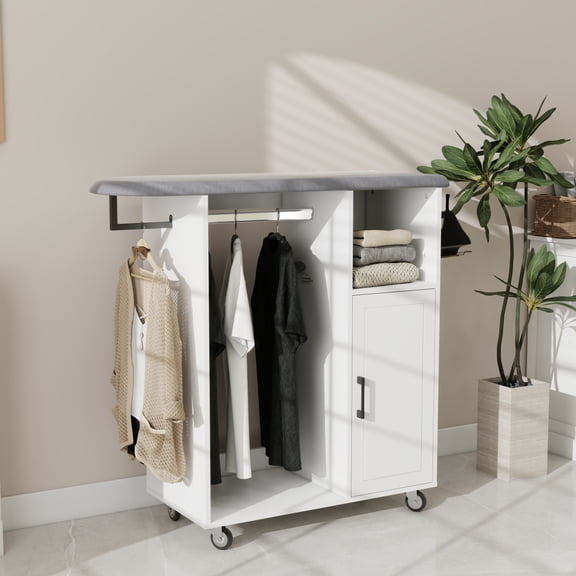 1-Piece Ironing Cart with Built-in Storage Cabinet Rolling with Ironing Board