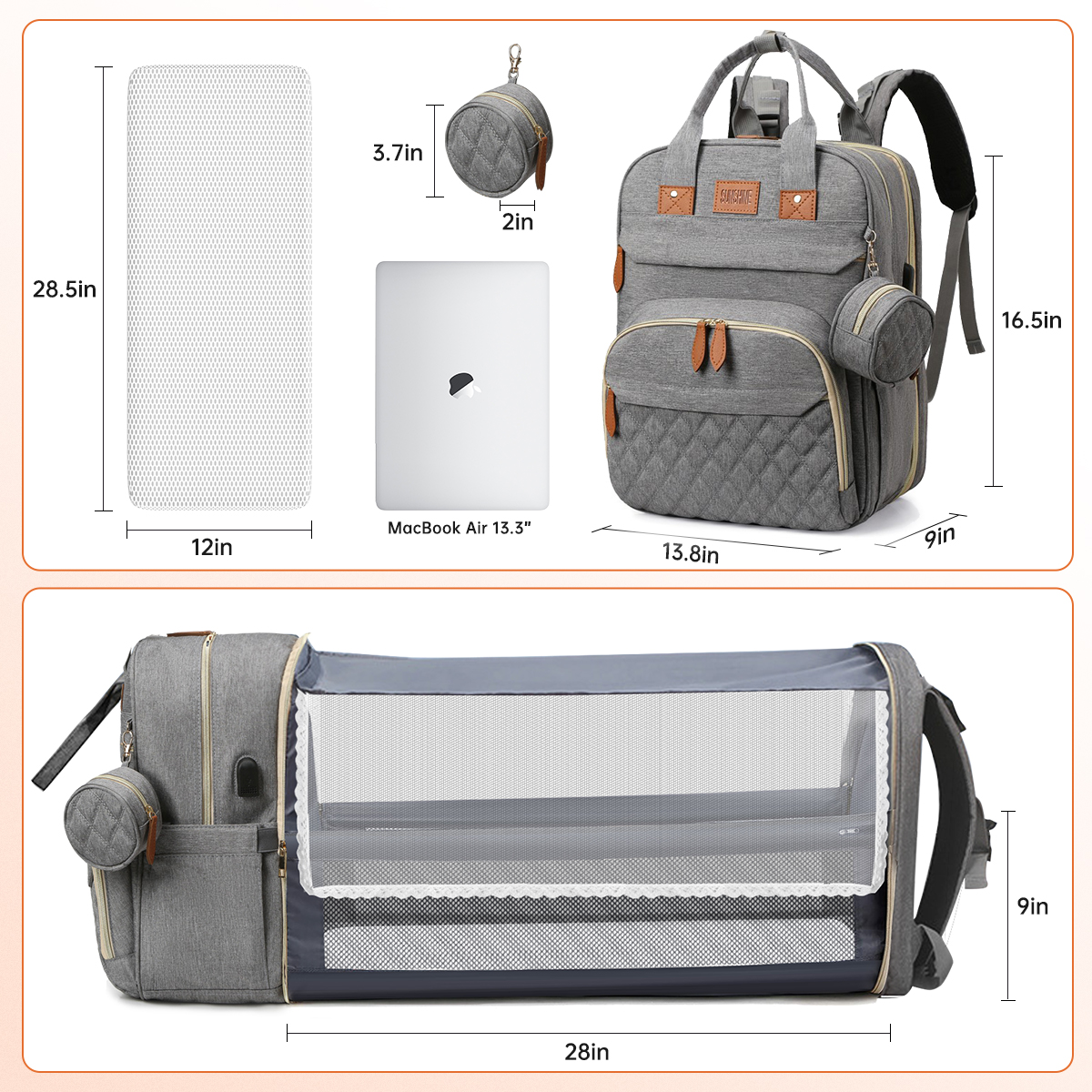 Diaper Bag Backpack, Multifunction Baby Diaper Bag with Changing Station, Large Capacity Waterproof Travel Backpack w/ Pacifier Case & USB Charging, Baby Stuff Organizer, Unisex Shower Gifts(Grey) - image 2 of 7