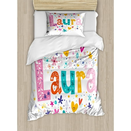 Laura Twin Size Duvet Cover Set, Baby Girl Name with Vintage Doodle Style Flowers and Stars Colorful Illustration, Decorative 2 Piece Bedding Set with 1 Pillow Sham, Multicolor, by